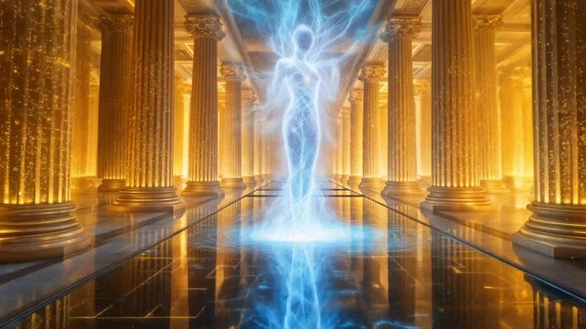 A figure stands in the middle of an ancient greek building depicting Know Thyself (Socrates)