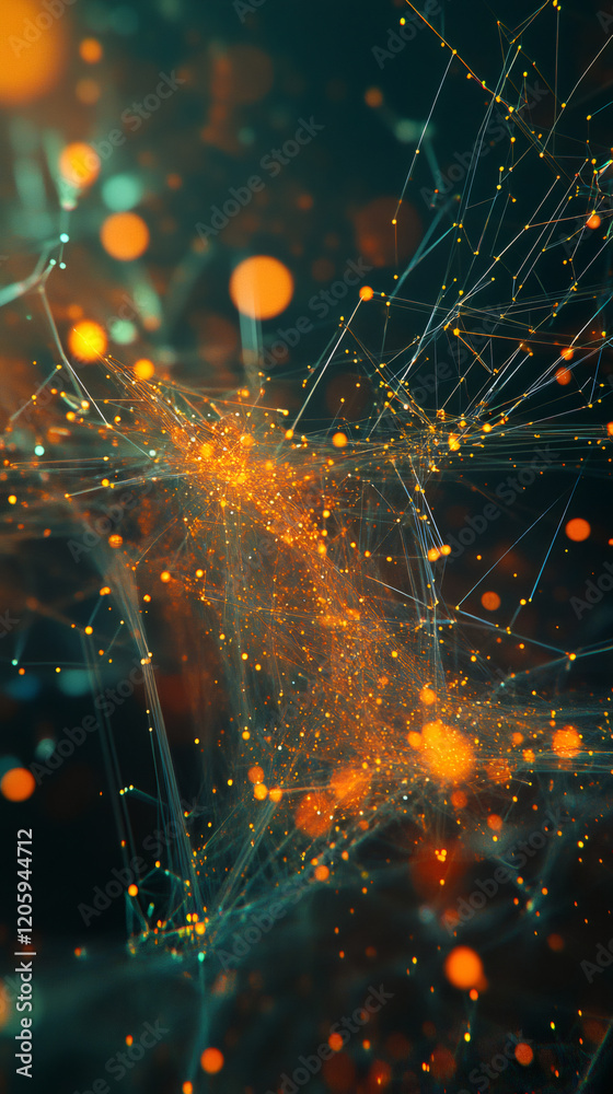 Poster Glowing interconnected lines forming intricate digital network, representing technological complexity, data transmission, communication infrastructure