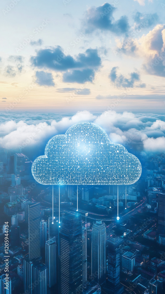 Leinwandbilder Cloud computing technology connecting with city skyline at sunset, symbolizing data storage and network communication