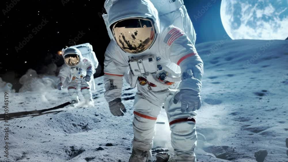 Wall mural astronauts exploring the moon surface with earth in the sky