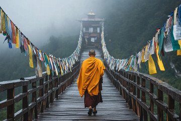monk walking on a bridge in bhutan with prayer flags