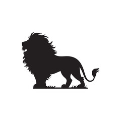 A flat silhouette of a lion standing tall, with its head turned to the side and a majestic mane flowing, black silhouette on a white background.