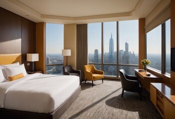 A hotel room with a large bed and impressive city skyline view