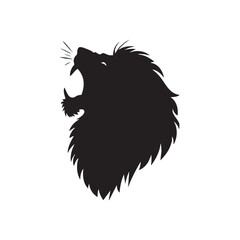 A flat silhouette of a lion roaring, with its mouth wide open and head tilted upward, black silhouette on a white background.