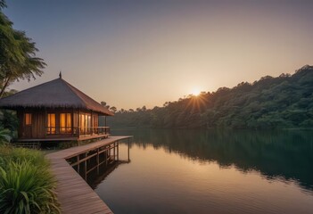 Obraz premium A house on a dock overlooks a tranquil lake at sunset