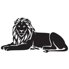 A flat silhouette of a lion lying down with its head resting on its front paws, appearing relaxed and calm, black silhouette on a white background.