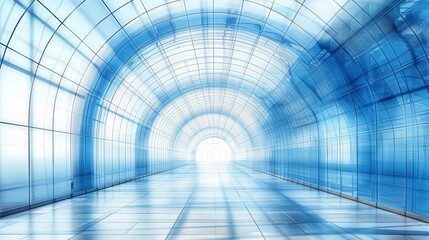 Fototapeta premium The minimalist architecture of this hallway, with glass walls and a soft blue ceiling, creates a bright, open atmosphere full of light and space.