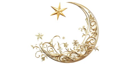 Golden Crescent Moon with Stars and Floral Design