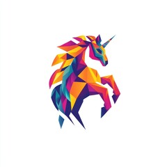 Obraz premium Colorful geometric unicorn, rearing, white background, fantasy art, logo design