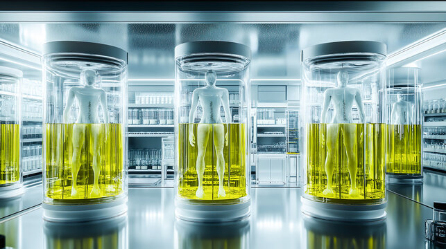 A futuristic alien lab with humanoid figures in glass containers