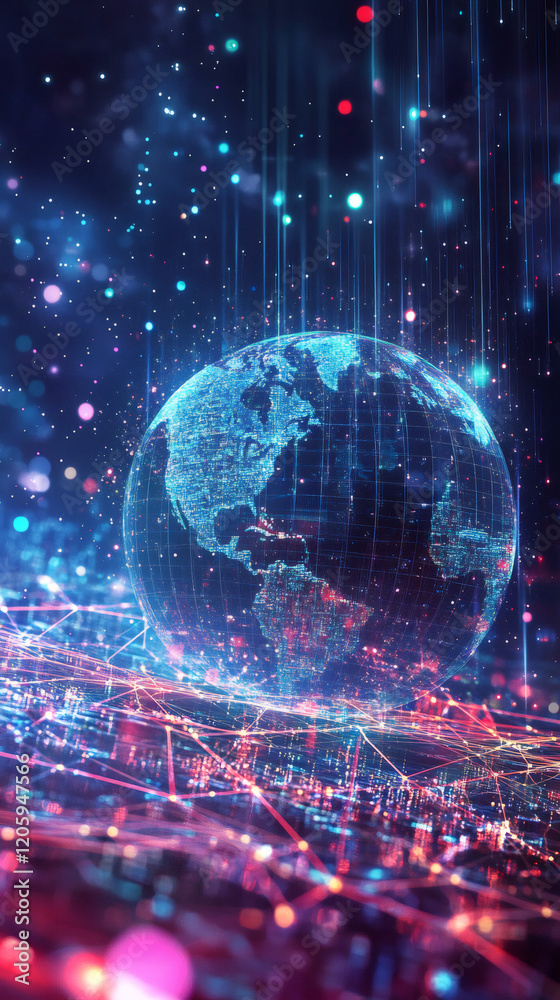 Fototapete Digital globe depicting America, surrounded by flowing data connections, illustrating the dynamic interplay of global communication and technology