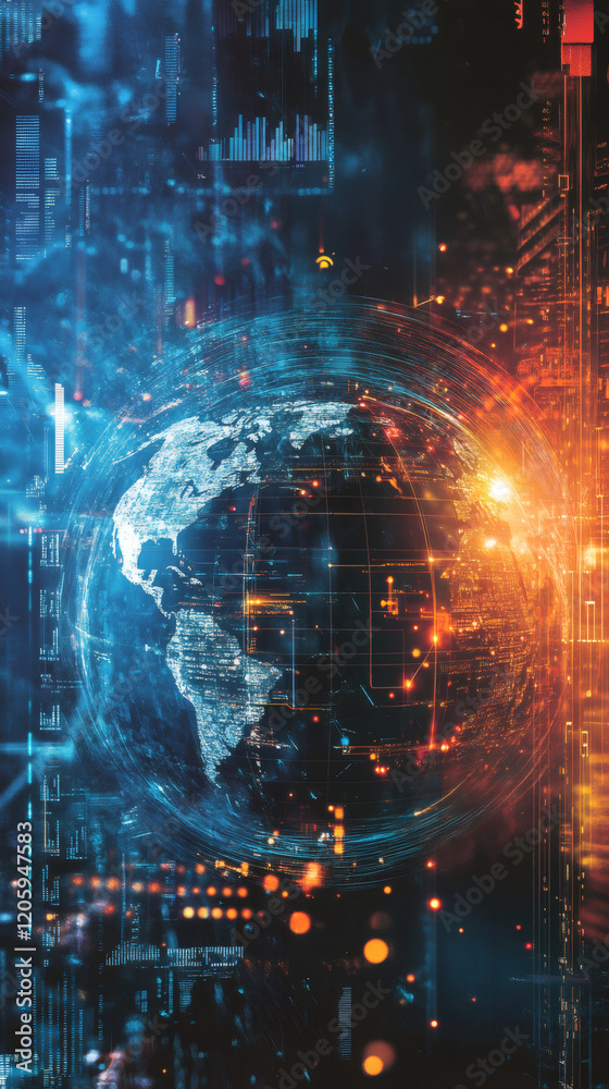 Fototapete Futuristic Earth globe rotating with digital data, network connection trails and technology information, globalization concept