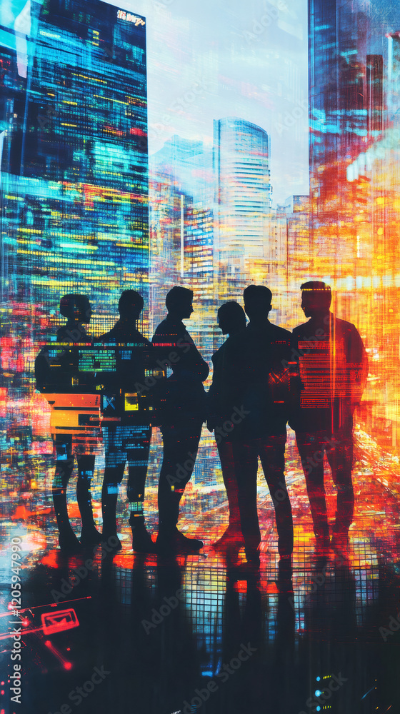 Fototapete business team silhouetted networking, digital code backdrop highlighting collaborative innovation wi