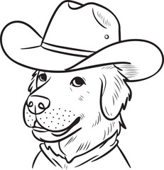 Golden Retriever in Cowboy Hat Line Art silhouette Illustration for Coloring | Line art drawing of a golden retriever dog wearing a cowboy hat, perfect for coloring books or creative projects.