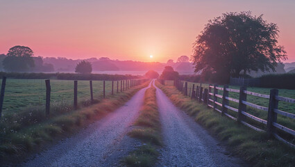 Fototapeta premium Gravel road leading into beautiful sunrise illuminating countryside landscape