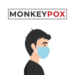 Monkeypox outbreak concept banner. Infected man from monkey flat illustration. Monkeypox on human skin. man wearing health mask