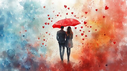 A Woman Joyfully Holding an Umbrella Surrounded by Floating Hearts in a Whimsical and Romantic Setting