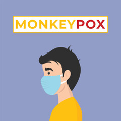 Monkeypox outbreak concept banner. Infected man from monkey flat illustration. Monkeypox on human skin. man wearing health mask