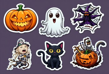 Obraz premium Ghostly Creature Stickers: A cheerful ghost, a smiling pumpkin, a glowing skull, a playful bat and a cute witch - 02