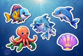 Fototapeta premium Underwater animal stickers: A glowing shark, a smiling starfish, a magical jellyfish, a vibrant clownfish and a cheerful dolphin - 02