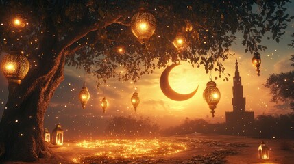 An enchanting Ramadan-inspired scene of a crescent moon and lanterns hanging from a tree, with golden light casting intricate shadow patterns on the ground, framed by a twilight sky 