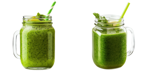  Set of a Green smoothie in a glass jar with a straw, isolated on transparent background.