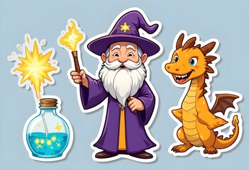 Naklejka premium Magical Character Stickers: A smiling wizard, a glowing cauldron, and an enchanted wand