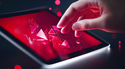 Hand interacting with futuristic red digital interface on tablet