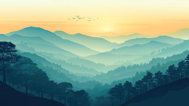 Serene Sunset Over Misty Mountain Ranges And Forests