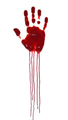 Red handprint made with blood, isolated hand shape, long vertical streaks dripping. Raw visceral artwork conveys powerful emotions. Haunting aesthetic for thriller or horror themes.
