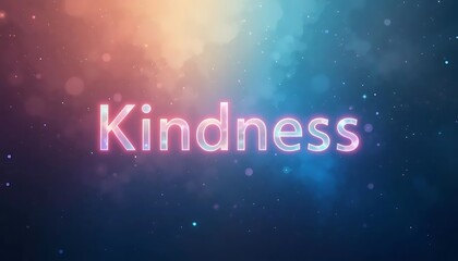 Colorful garden flowers, pink wooden "Kindness" text, daisies, gerberas, soft sunlight, bokeh background, inspirational message, spring blossoms, gentle pastel colors, rustic outdoor setting, positive