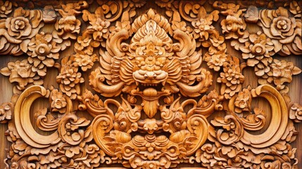 Intricate Wooden Carving Featuring A Central Lion Motif