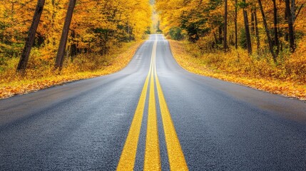Fototapeta premium Autumn Road Through Golden Trees A Scenic Drive