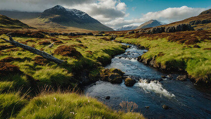Small river on the trail to the peak of the background mountain.