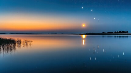 Serene Sunset Moonrise Over Calm Lake Water