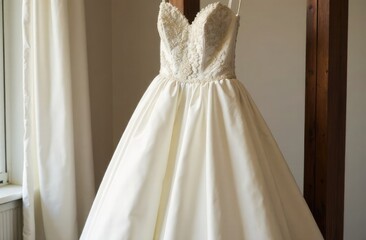 Fototapeta premium Celebration. A wedding dress hangs on a hanger in the living room. 