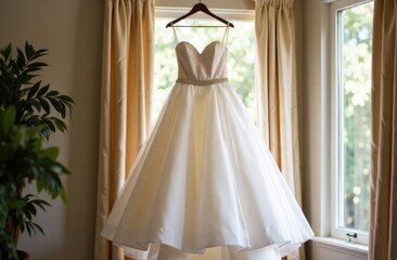 Fototapeta premium Celebration. A wedding dress hangs on a hanger in the living room. Bride's morning concept.