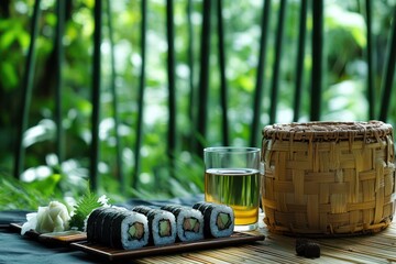 Fototapeta premium A picnic in a bamboo forest with a simple spread of sushi, green tea, and a woven basket. The tall, swaying bamboo creates a serene and meditative atmosphere, perfect for quiet contemplation.