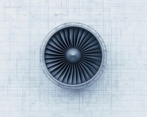 Frontview technical drawing of a jet engine fan blades, emphasizing symmetry and precision, jet engine, fan blades, technical drawing