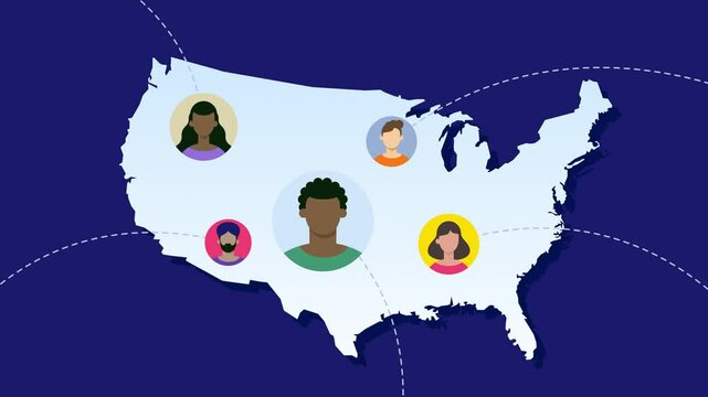 A top-down view of the map of the USA. Avatars of people from diverse nationalities appear on the sides. Concept of immigration challenges to the United States. Vector flat 2D illustration. 4K