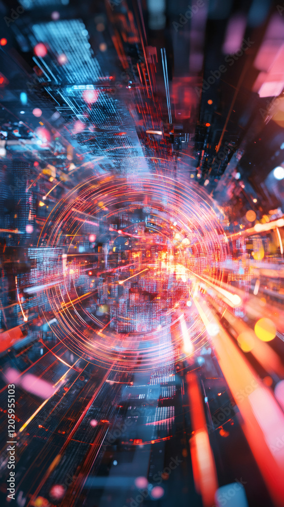 Poster Glowing lines of code creating a circular portal effect, symbolizing data transmission in the digital realm