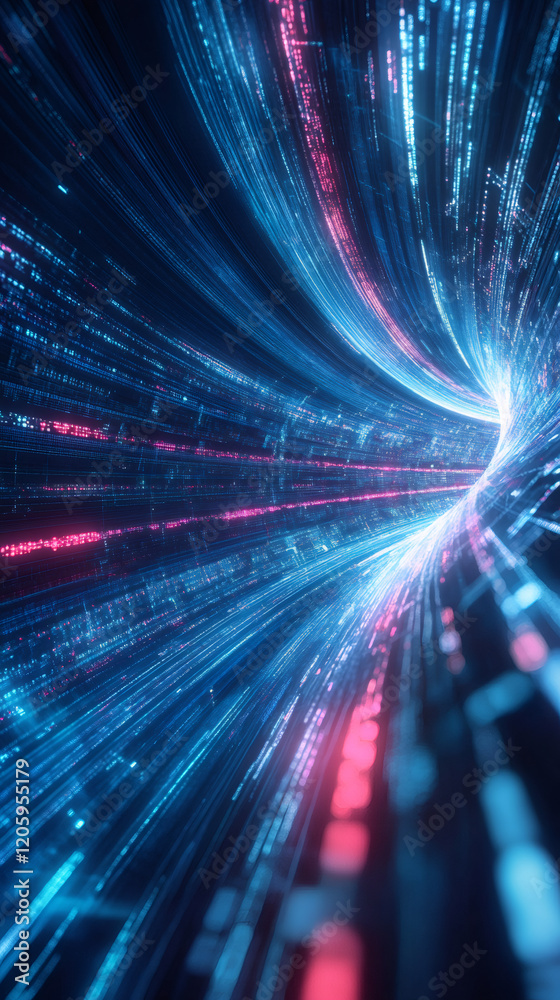 Leinwandbilder creating an abstract futuristic cyberspace tunnel effect with vibrant light trails and flowing binar