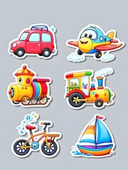 Naklejka premium cute car stickers: A smiling sports car, a playful truck, a vibrant motorbike, a shiny classic car