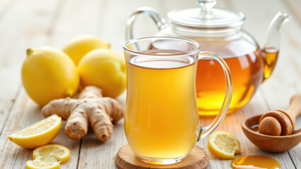 A refreshing beverage setup with lemon slices and ginger root on a wooden surface.