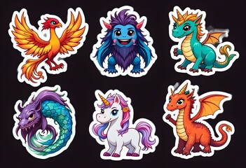 Naklejka premium stickers of magical beings: A shining fairy, a smiling gnome, a cute witch, a powerful wizard and an enchanting mermaid