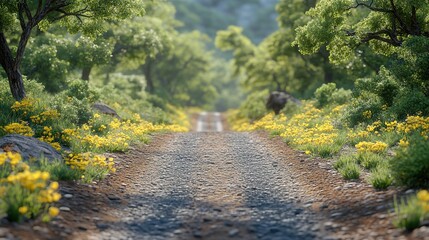Obraz premium Gravel road through sunny forest with wildflowers, scenic background