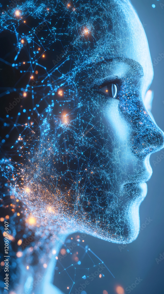 Poster AI visualization showing female profile emerging from interconnected luminous grid, representing digital transformation and technological advancement