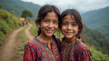 Girls in Traditional Latin American Clothing in the Mountains of Rivas, Nicaragua