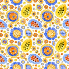 Easter seamless pattern with eggs, chickens in cartoon style, yellow and orange flowers, watercolor illustration isolated on white background.