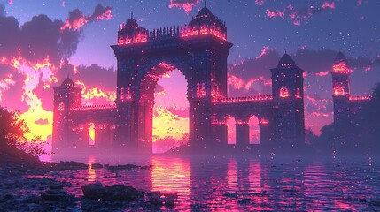 Enchanted Sunset Gateway: A Digital Painting of a Mystical Archway at Dusk